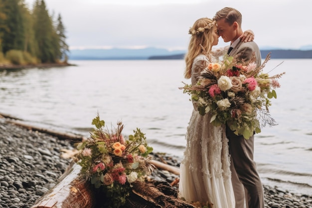 A bride and groom kiss on a dock with a large bouquet of flowers.