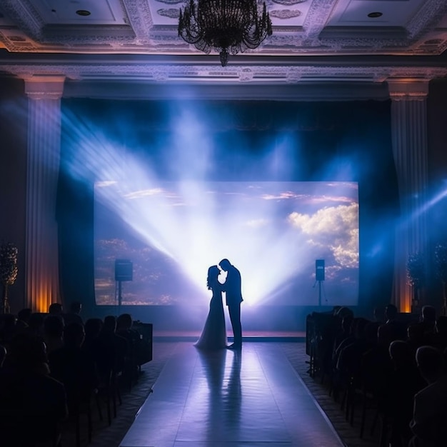 A bride and groom kiss in front of a large screen at the wedding reception