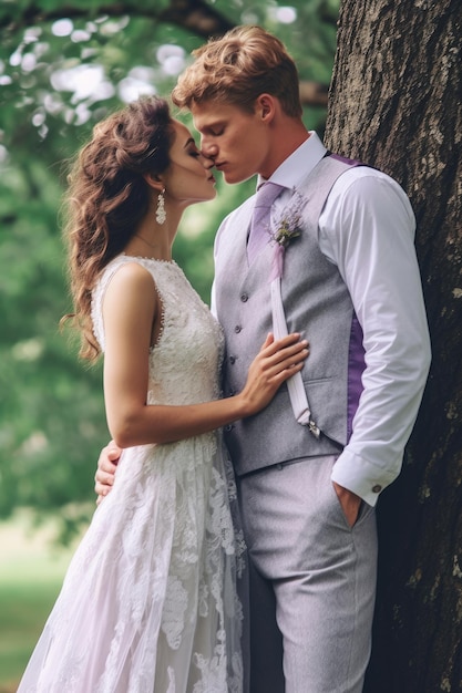 A bride and groom kiss in front of a tree