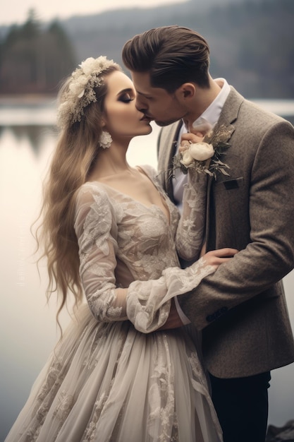 A bride and groom kiss in front of a white wall