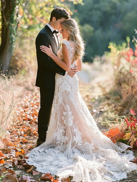 the bride and groom kiss on the garden path