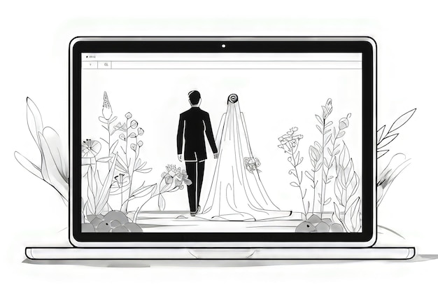 Photo a bride and groom on a laptop