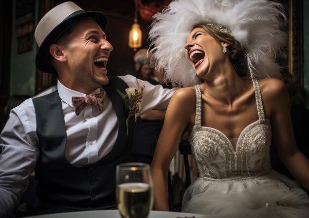 A bride and groom laughing together during the reception