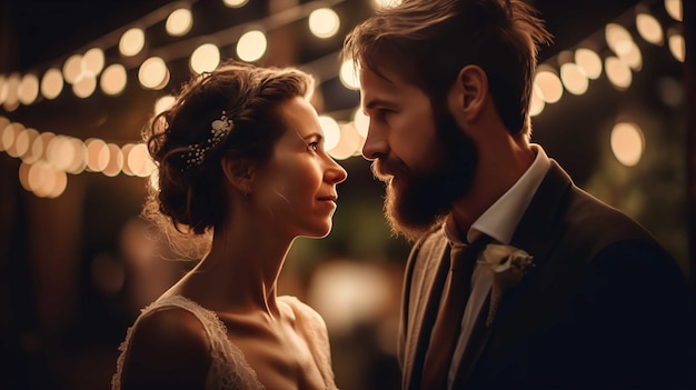 A bride and groom look at each other in front of lights