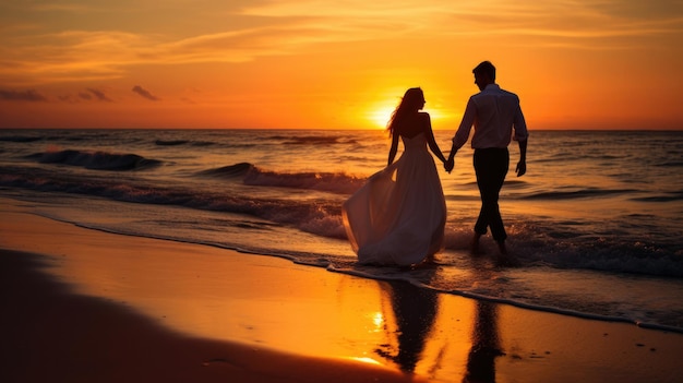 Bride and groom newlyweds honeymoon on the beach sunset