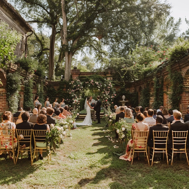 Photo bride and groom at outdoor ceremony in garden setting with flowers generative ai