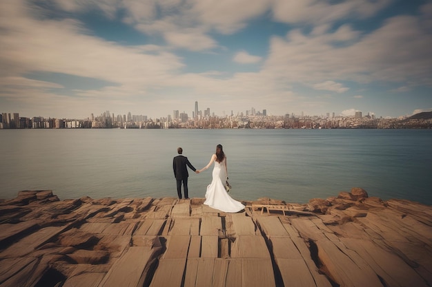 bride and groom on a pier on the sea coastbride and groom on a pier on the sea coastwedding couple