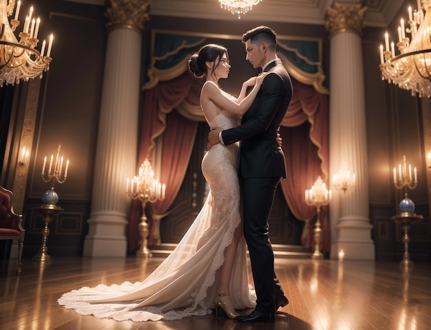 A bride and groom pose in a ballroom with chandeliers in the background.