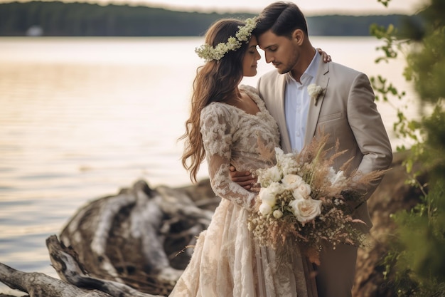 A bride and groom pose on a beach with a bouquet of flowers.