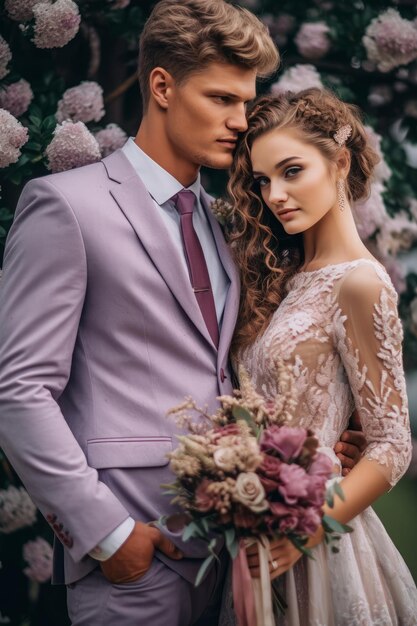 A bride and groom pose for a photo in front of a floral wall