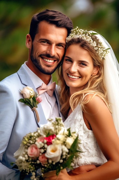 A bride and groom pose for a photo in front of a green background.