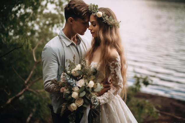 A bride and groom pose for a photo in front of a lake.