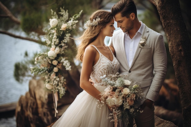 A bride and groom pose for a photo in front of a tree and the word love on the bottom right.