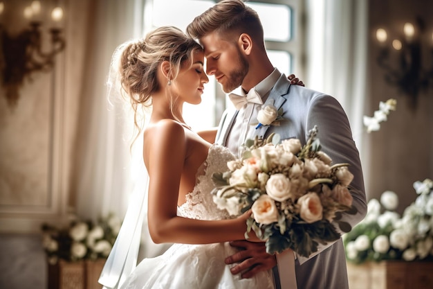 A bride and groom pose for a photo in front of a window.