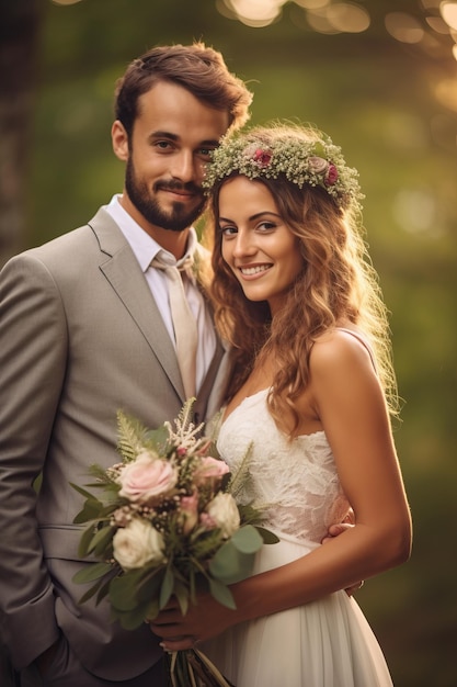 A bride and groom pose for a photo in a park.