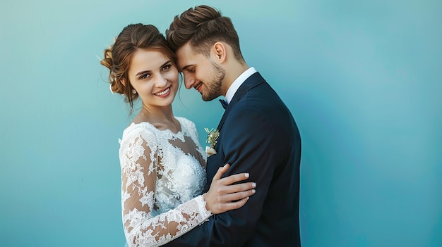 the bride and groom pose for a photo