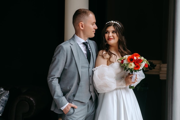 a bride and groom pose for a photo