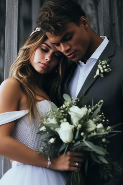 A bride and groom pose for a photo.