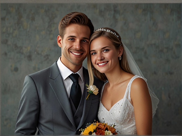 a bride and groom pose for a photo