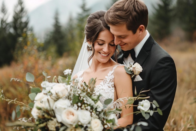 Bride and groom posing for wedding day portraits in a beautiful field