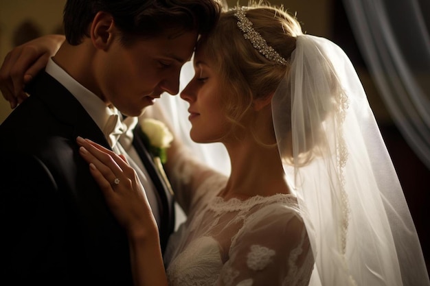 A bride and groom in a room with a white rose and lace veil.