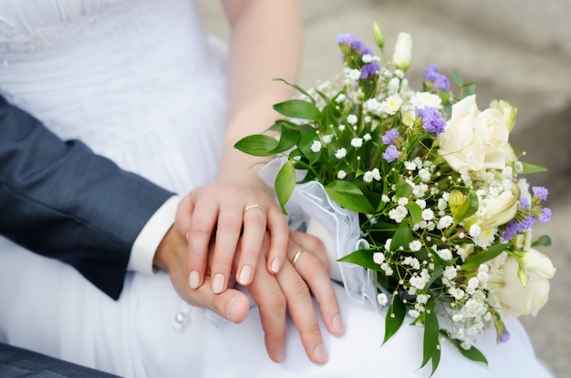 Bride and groom's hands with wedding rings 