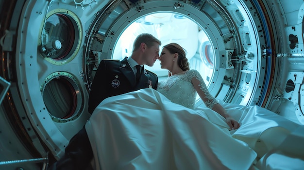 Photo a bride and groom share a tender moment inside a spaceship creating a unique and futuristic wedding photo