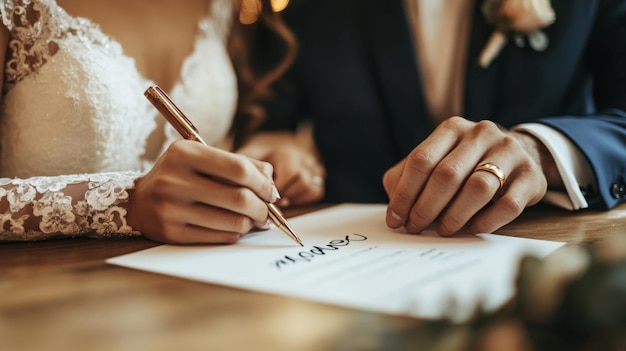 Photo bride and groom signing wedding certificate at a rustic venue in early evening light