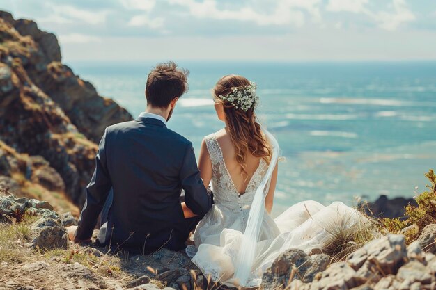 The bride and groom sit on a rock against the backdrop of the ocean on a sunny day