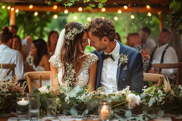 Bride and Groom Sitting at Table With Candles