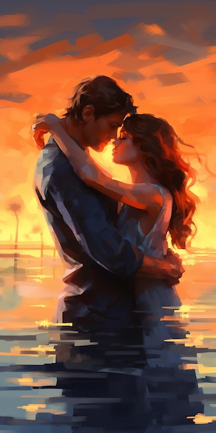 a bride and groom sitting in the water at sunset red and amber charming character illustrations l