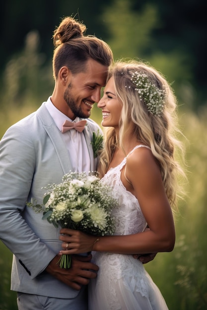 A bride and groom smile at each other in a field of flowers.