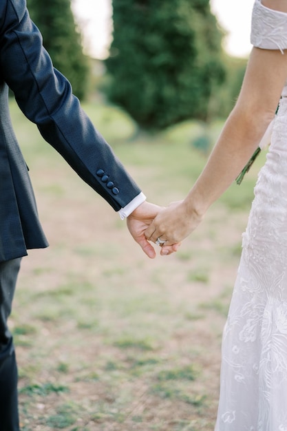 Photo bride and groom stand holding hands in the park back view cropped