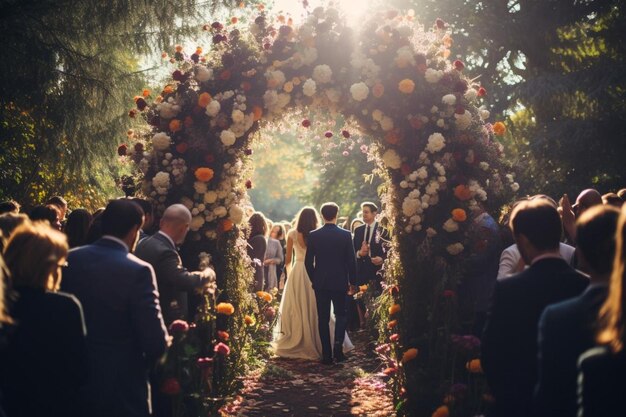 Bride and groom standing under a floral arch in a Wedding Photo1165jpg