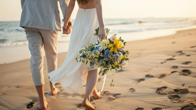 Photo a bride and groom stroll along the beach holding hands with the bride carrying a vibrant bouquet