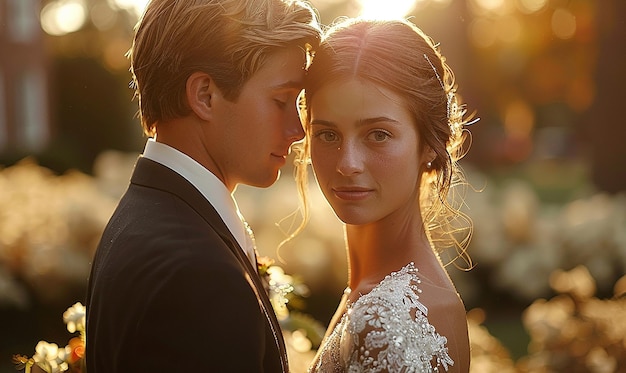 the bride and groom in the sunset