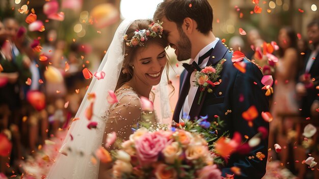 Bride and Groom Surrounded by Confetti