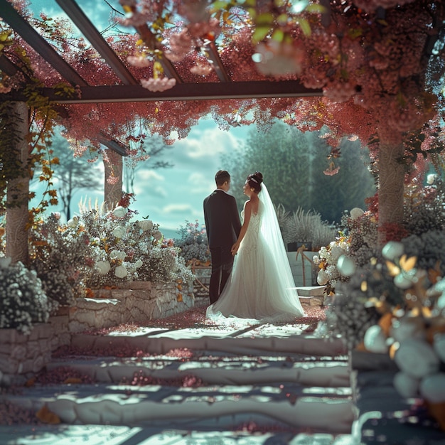 a bride and groom on their wedding day in an outdoor setting