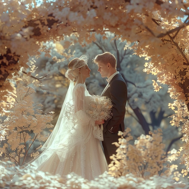 a bride and groom on their wedding day in an outdoor setting