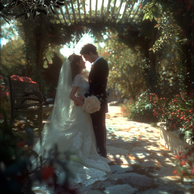 a bride and groom on their wedding day in an outdoor setting