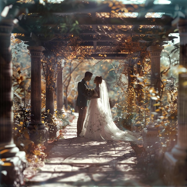 a bride and groom on their wedding day in an outdoor setting