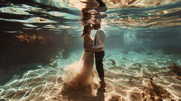 Photo bride and groom underwater in a cenote kissing