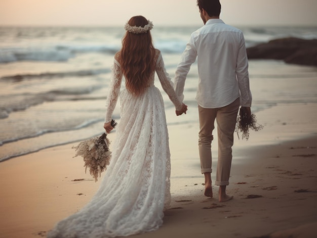 A bride and groom walk on the beach holding hands.