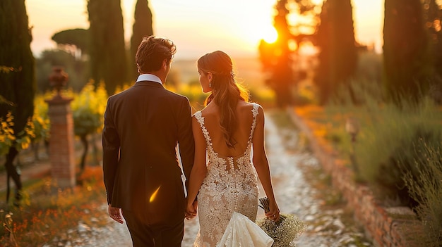 the bride and groom walk down the aisle at sunset