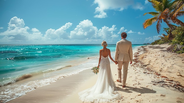 a bride and groom walk down a beach holding hands