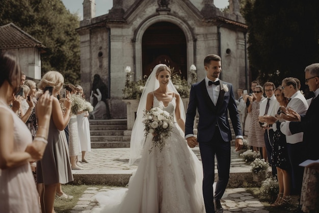 A bride and groom walk down a church aisle.