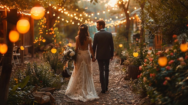 the bride and groom walk through a garden with lights around them