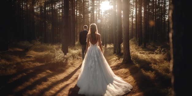 Bride and groom walking in the woods