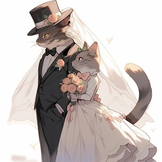 Bride and groom with cat in wedding dress and hat generative ai