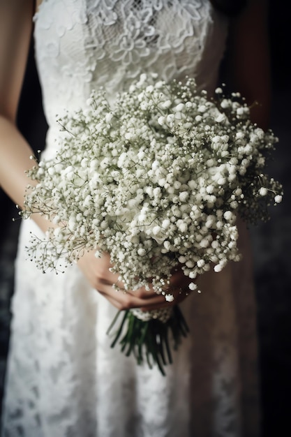 A bride holding a bouquet of flowers.